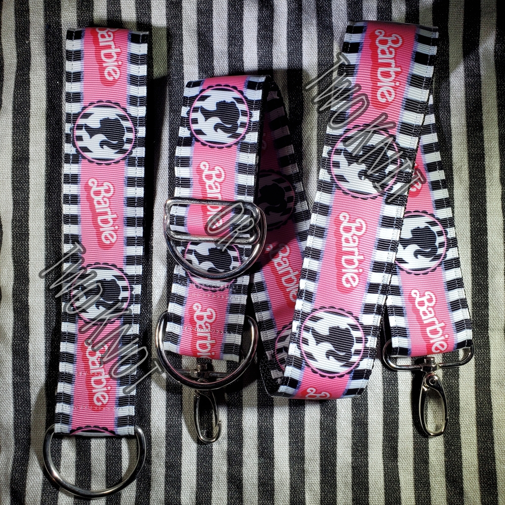 Hand Crafted Girls Pink And Black White Striped CNC Crossbody Strap And Fob NWT